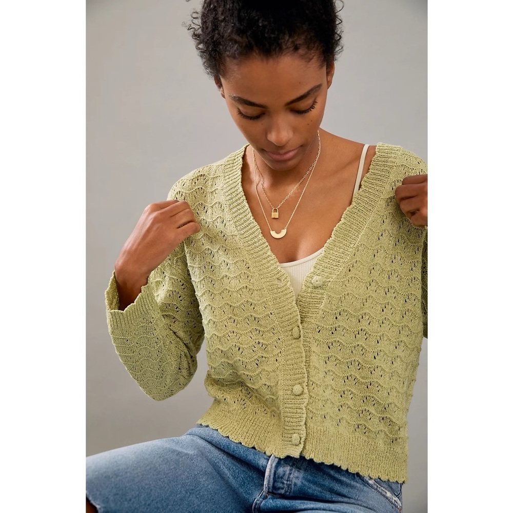 Light Green Women's V-Neck Knit Cardigan Sweater - Picture 3 of 11